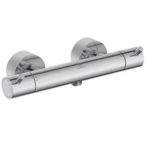 Thermostat von Ideal Standard mit zwei runden Bedienelementen für die Temperatur- und Wassermengenregulierung, verchromte Oberfläche, für die Wandmontage geeignet.